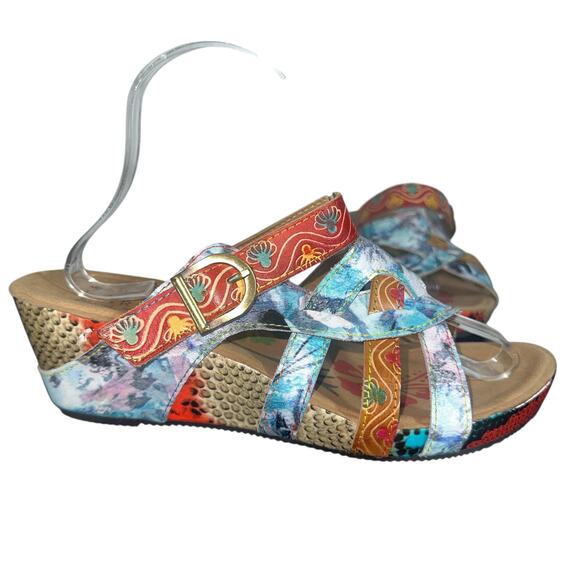 L’Artiste Baocire Wedge Sandals EU 41 US 9.5-10 Multicolor Boho Comfort blue red - Picture 1 of 12